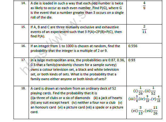 CBSE Class 11 Mathematics Probability Worksheet Set B